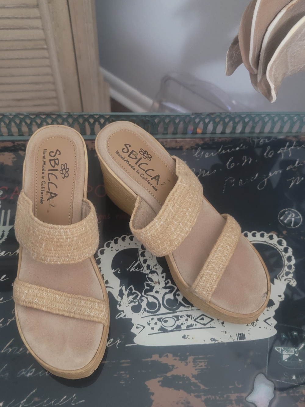 Sbicca Tan Woven Double-Strap Wedge Mules